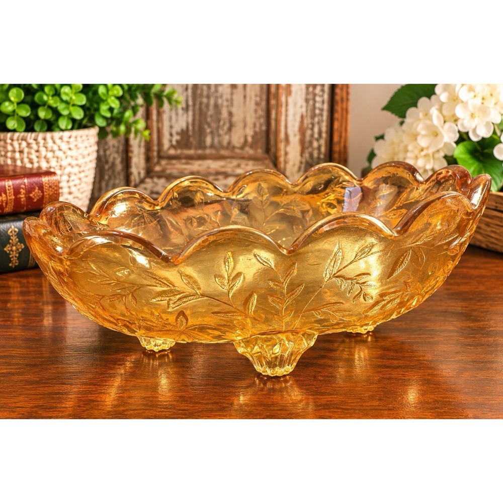 Jeannette Glass Iridescent Floragold LOUISA Oval Footed Candy Bowl Trinket Dish